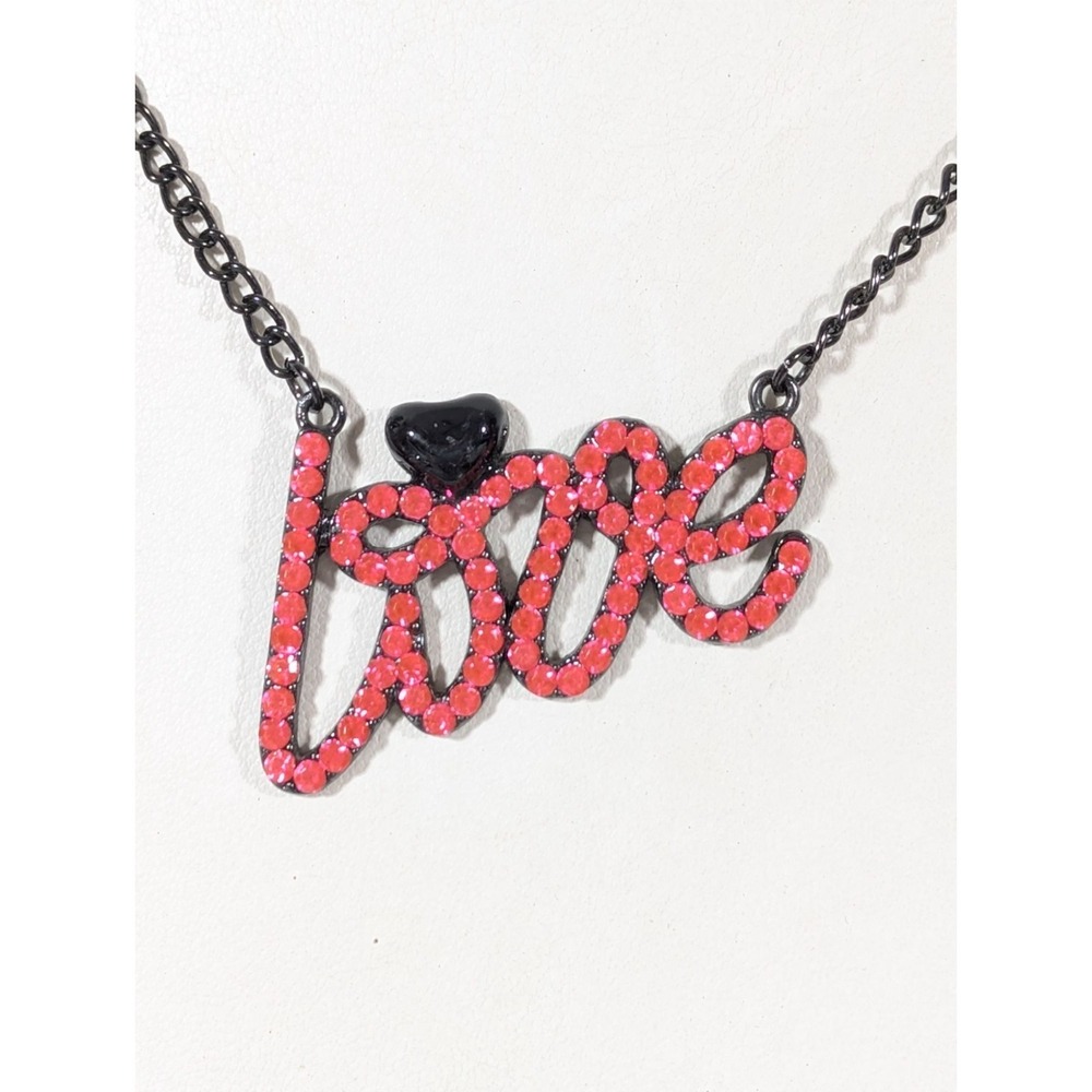 Pink Rhinestone LOVE Necklace Retro Gray Metallic Whimsigoth Heart ‎ 19.5"